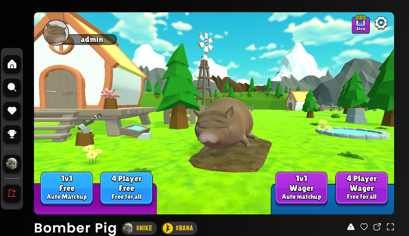 Bomber Pig game menu with free and wager match options